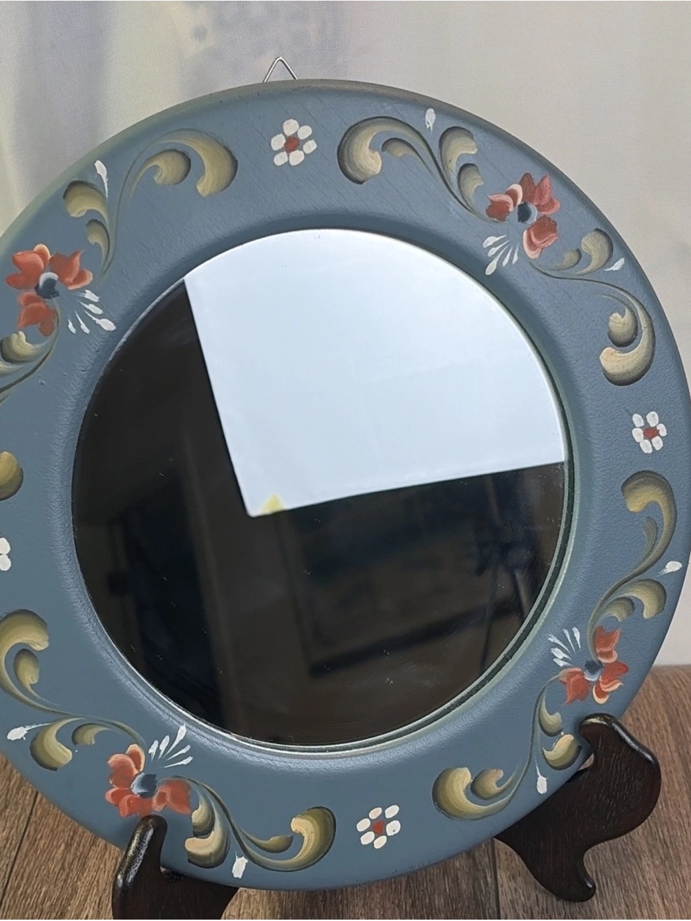 Hand Painted Rosemaling Norway Wall Mirror Folk Art Blue Floral 9.5" Norwegian